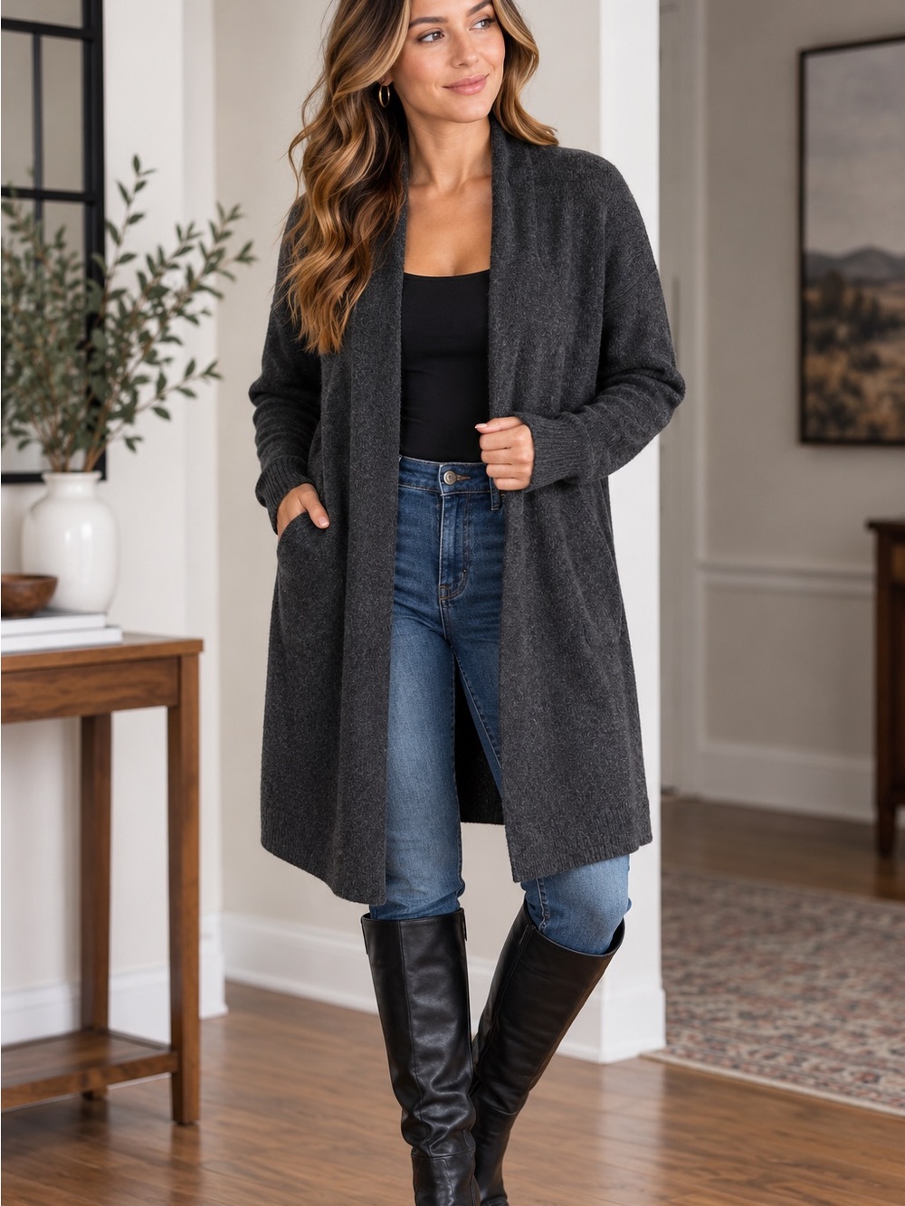 H&M Charcoal Open-Front Long Women's Cardigan